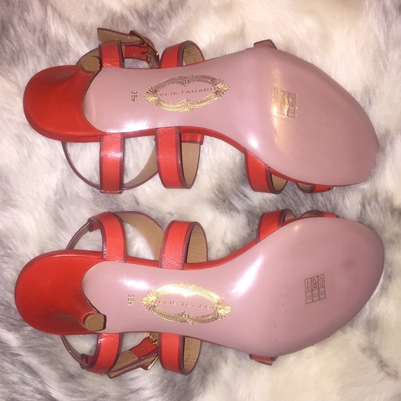 ELIE TAHARI Red Leather Georgia Strappy Heeled Sandals Sz 8.5 - Picture 6 of 8
